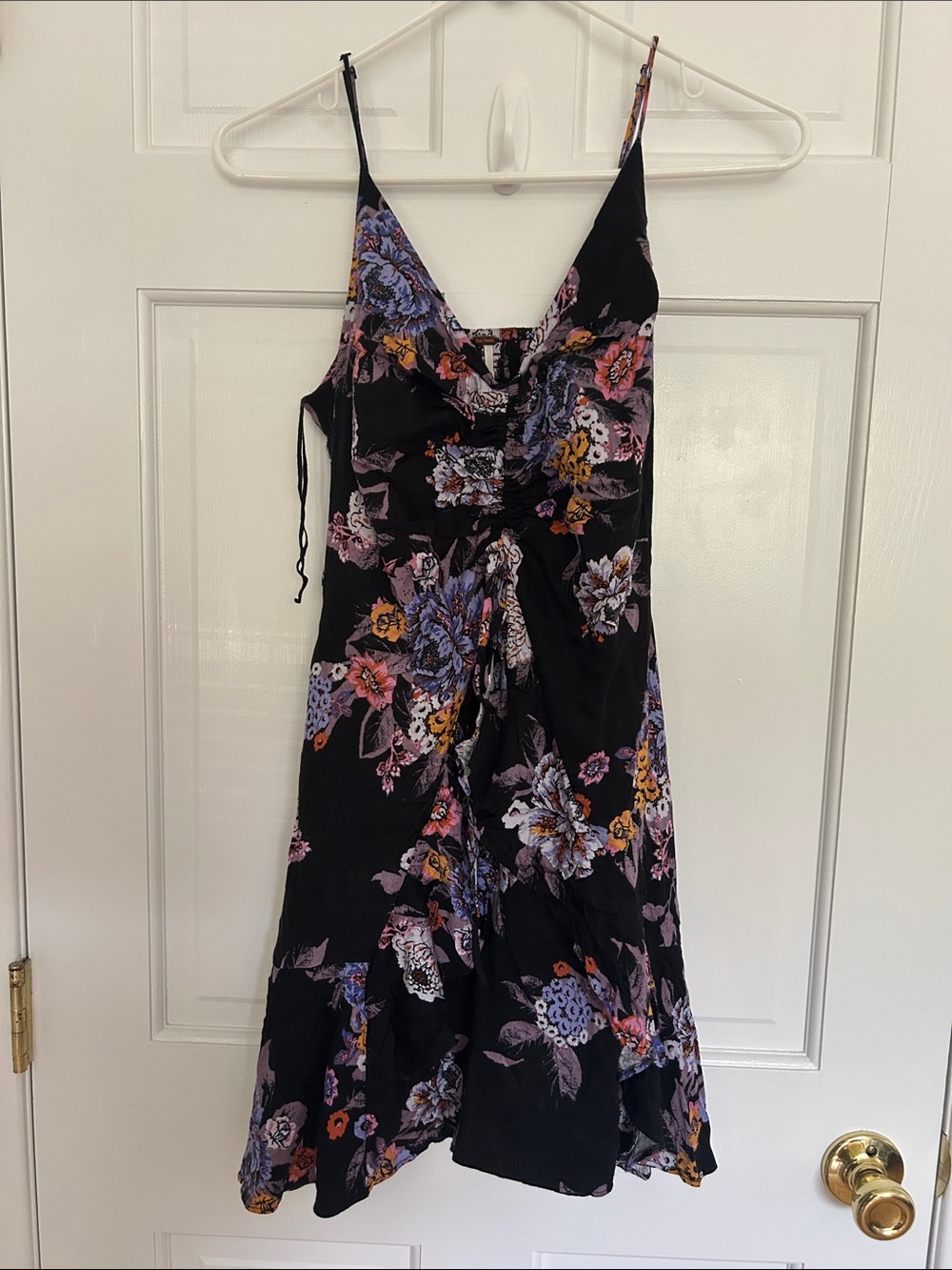 Free People Black Floral V-Neck Ruched Spaghetti Strap Mini Dress